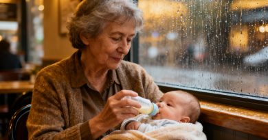 En aquel día lluvioso entré en un café para alimentar a mi nieta que lloraba, pero en lugar de calidez recibí un torrente de negatividad…y entonces, una voz masculina fuerte se dirigió hacia nosotros, y después de sus palabras el café quedó en silencio…